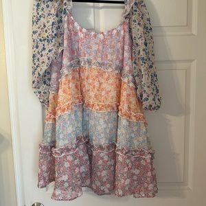 Floral A line dress with tunic elastic neck line